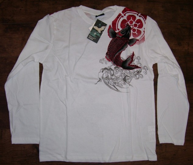 Bavlněné tričko dlouhý rukáv s KOI bílé velikost L